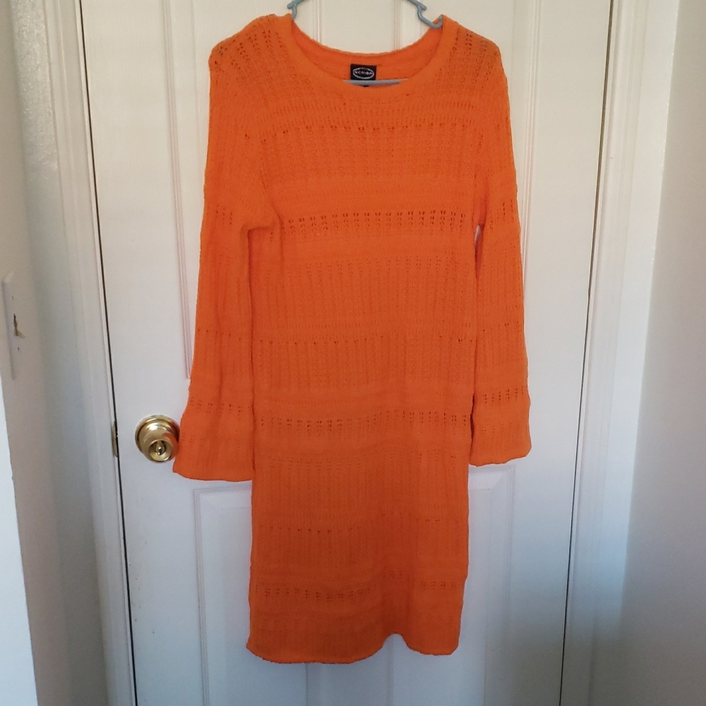 Bright Orange Long Sleeve Sweater Dress with Bishop Sleeves